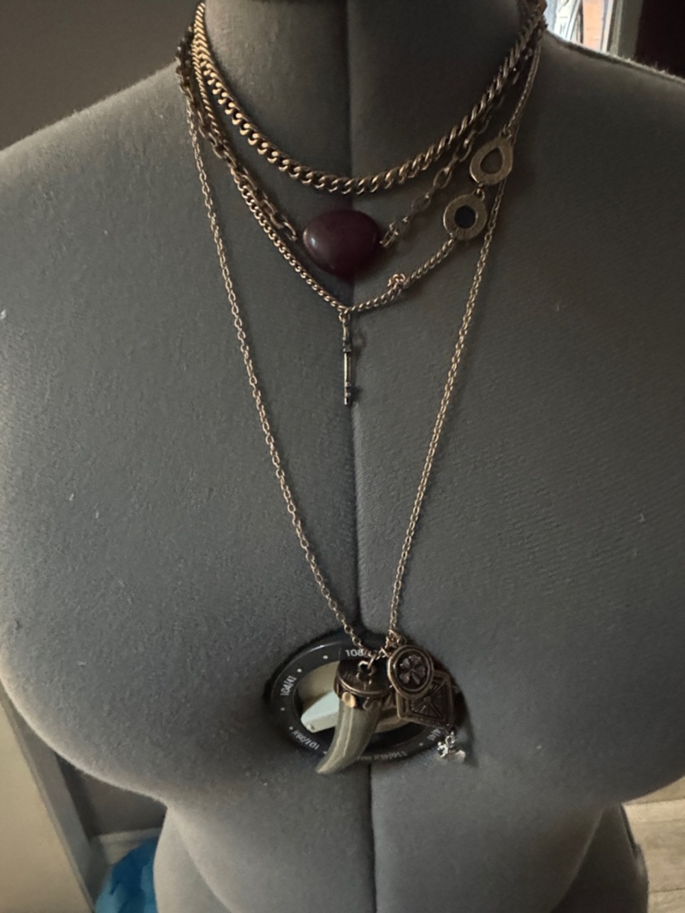 Layered Gold Tone Women's Pendant Necklace with Burgundy Heart